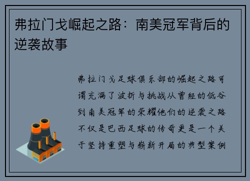 弗拉门戈崛起之路：南美冠军背后的逆袭故事